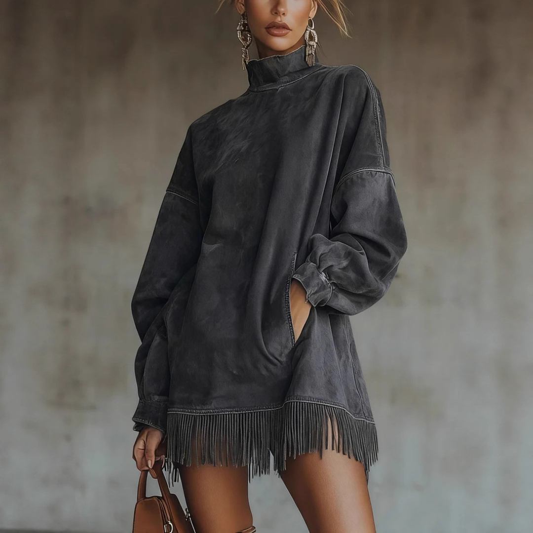 LS | Women’s Suede Balloon Sleeve Tassel Mini Dress