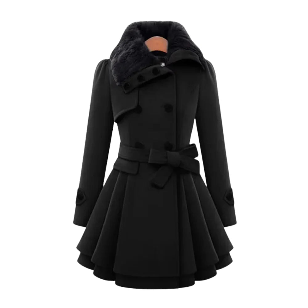 Amelia Fur-Collar Flare Belted Coat