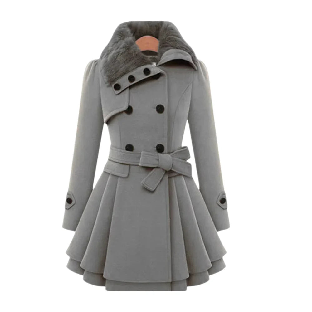 Amelia Fur-Collar Flare Belted Coat