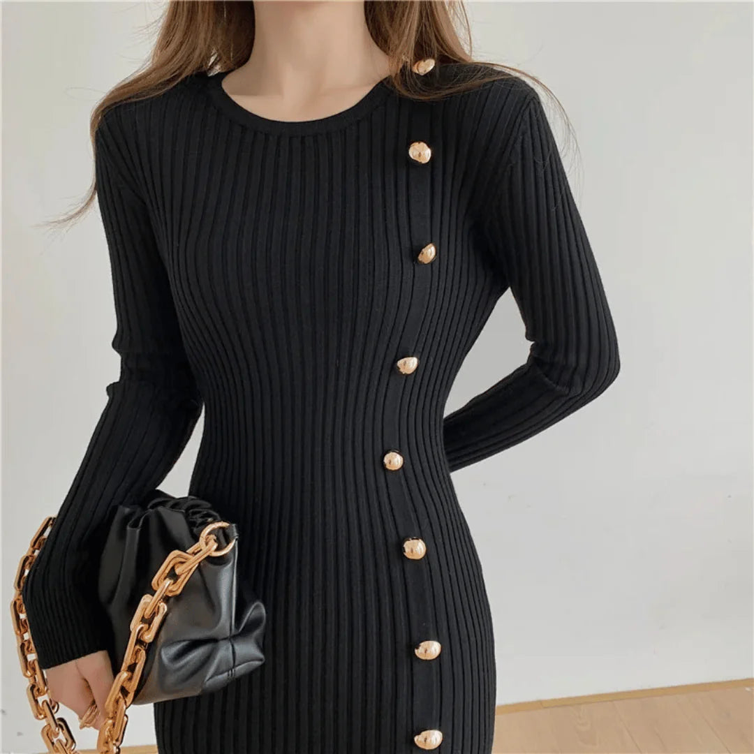 Evelyn Ribbed Knit Button Dress