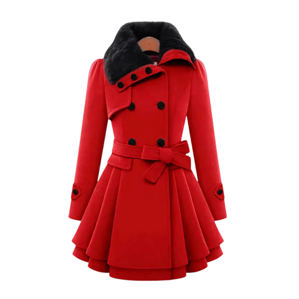 Amelia Fur-Collar Flare Belted Coat