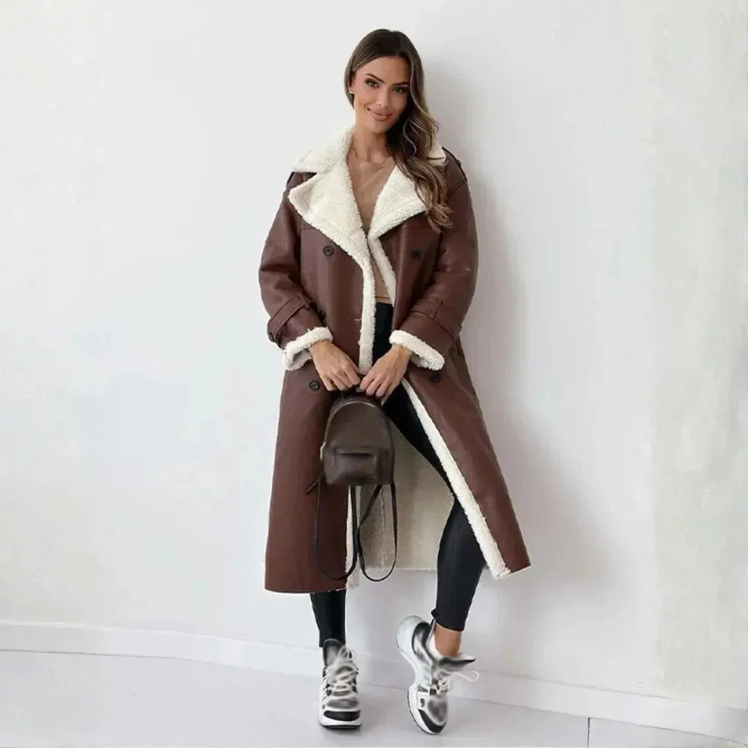 Belle Long Faux-Shearling Double-Breasted Coat