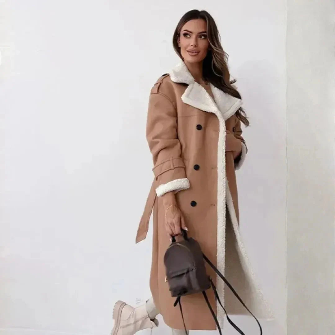 Belle Long Faux-Shearling Double-Breasted Coat
