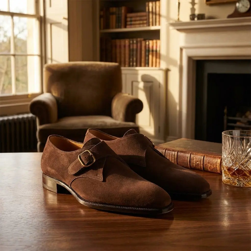 Brown suede shoes with a buckle on a wooden table in a cozy room with a fireplace and armchair.