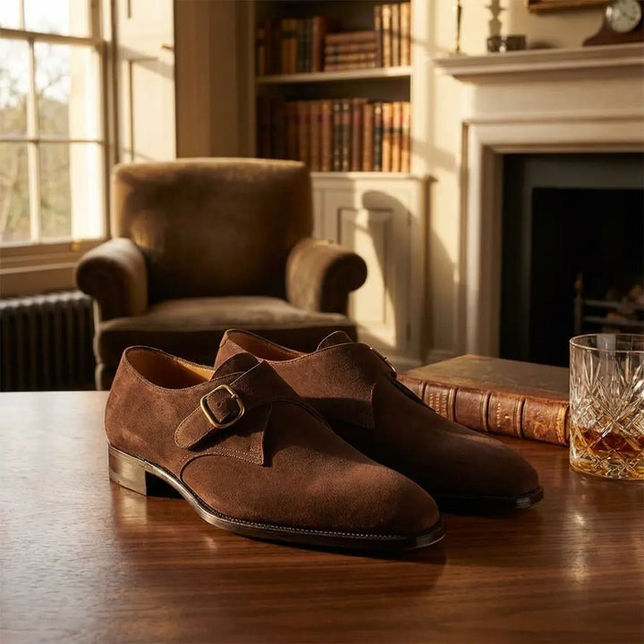 Brown suede shoes with a buckle on a wooden table in a cozy room with a fireplace and armchair.