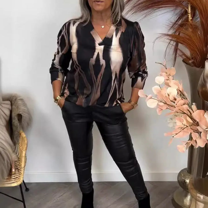 LS | Women Abstract Print V Neck Top Lion Style