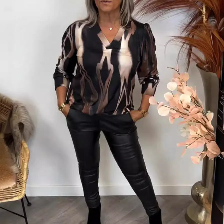 LS | Women Abstract Print V Neck Top Lion Style
