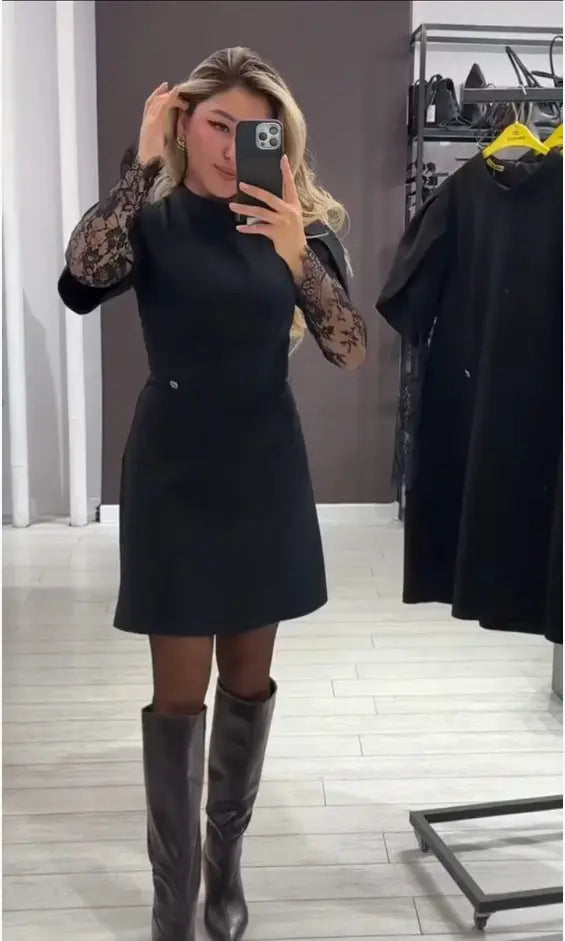 LS | Women Black Lace Sleeve Dress Lion Style