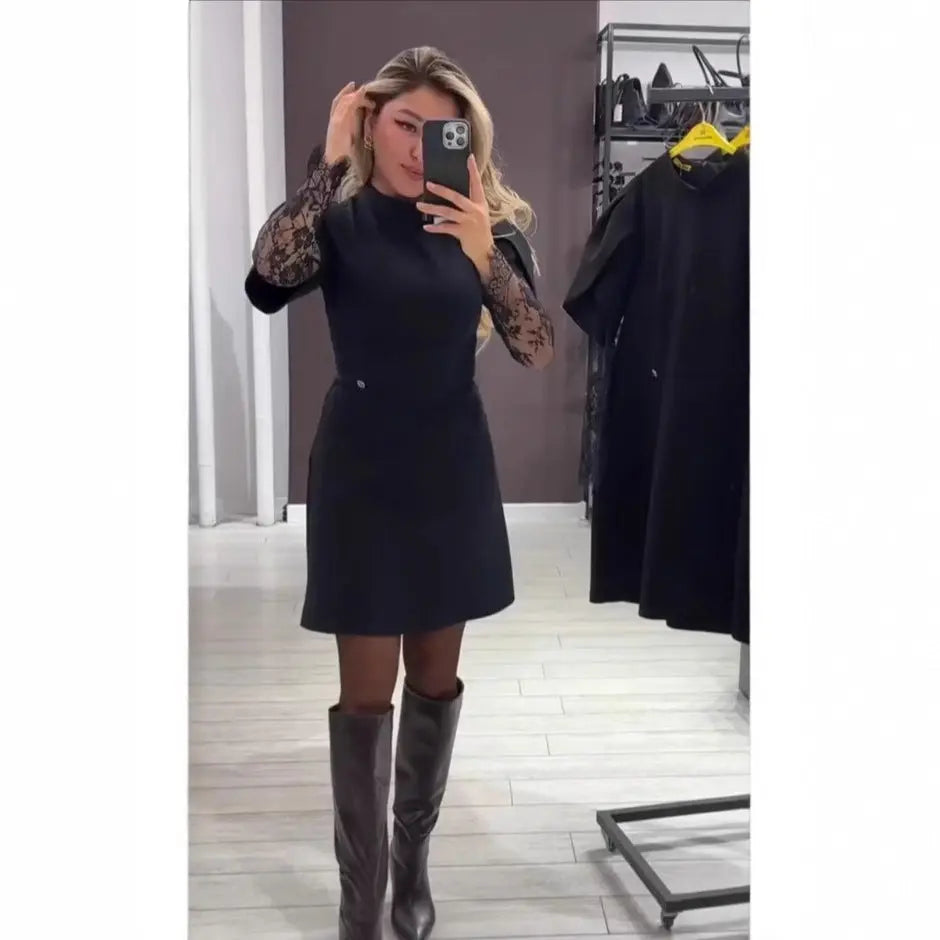 LS | Women Black Lace Sleeve Dress Lion Style