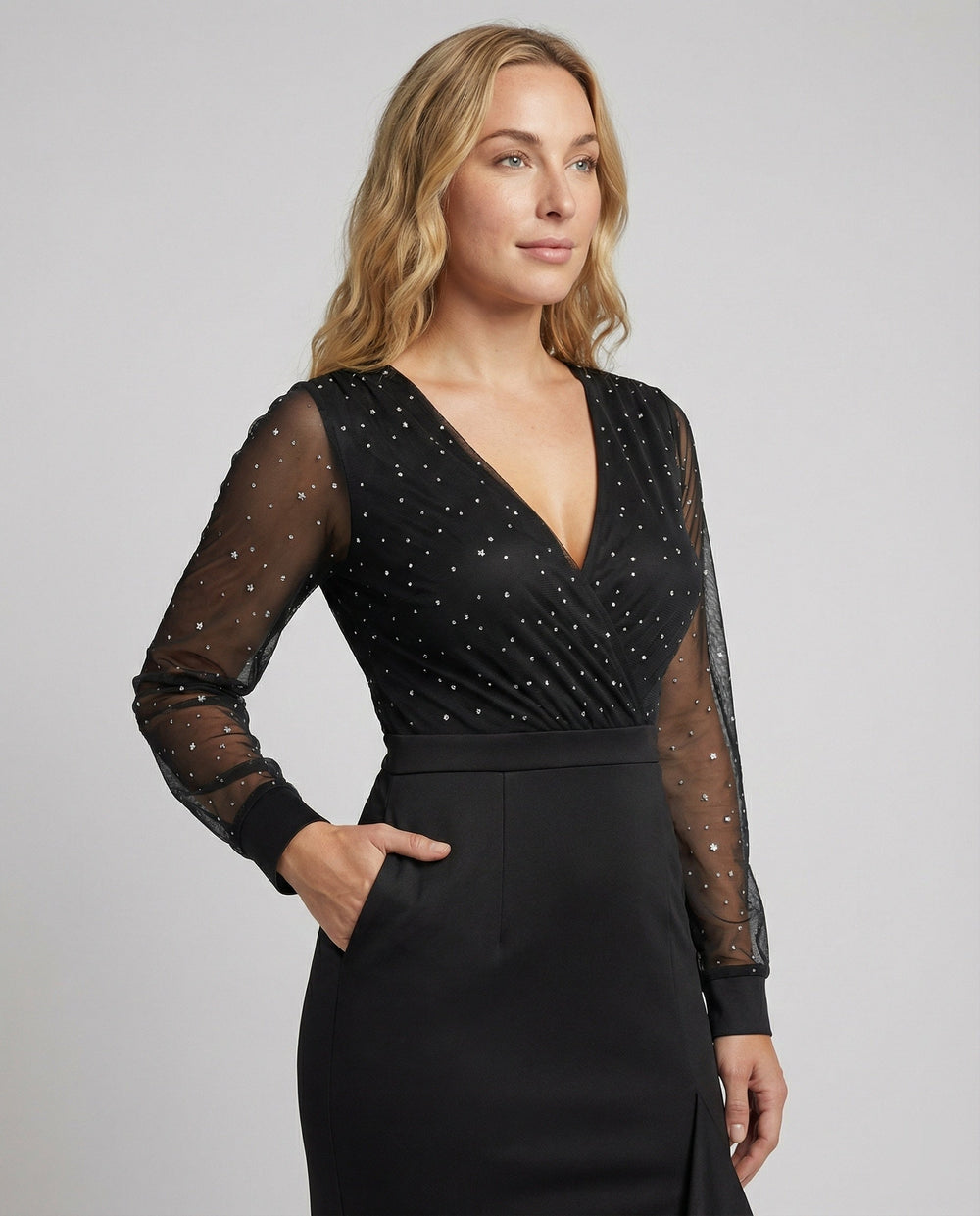 LS | Women Black Mesh Sleeve Evening Dress Lion Style