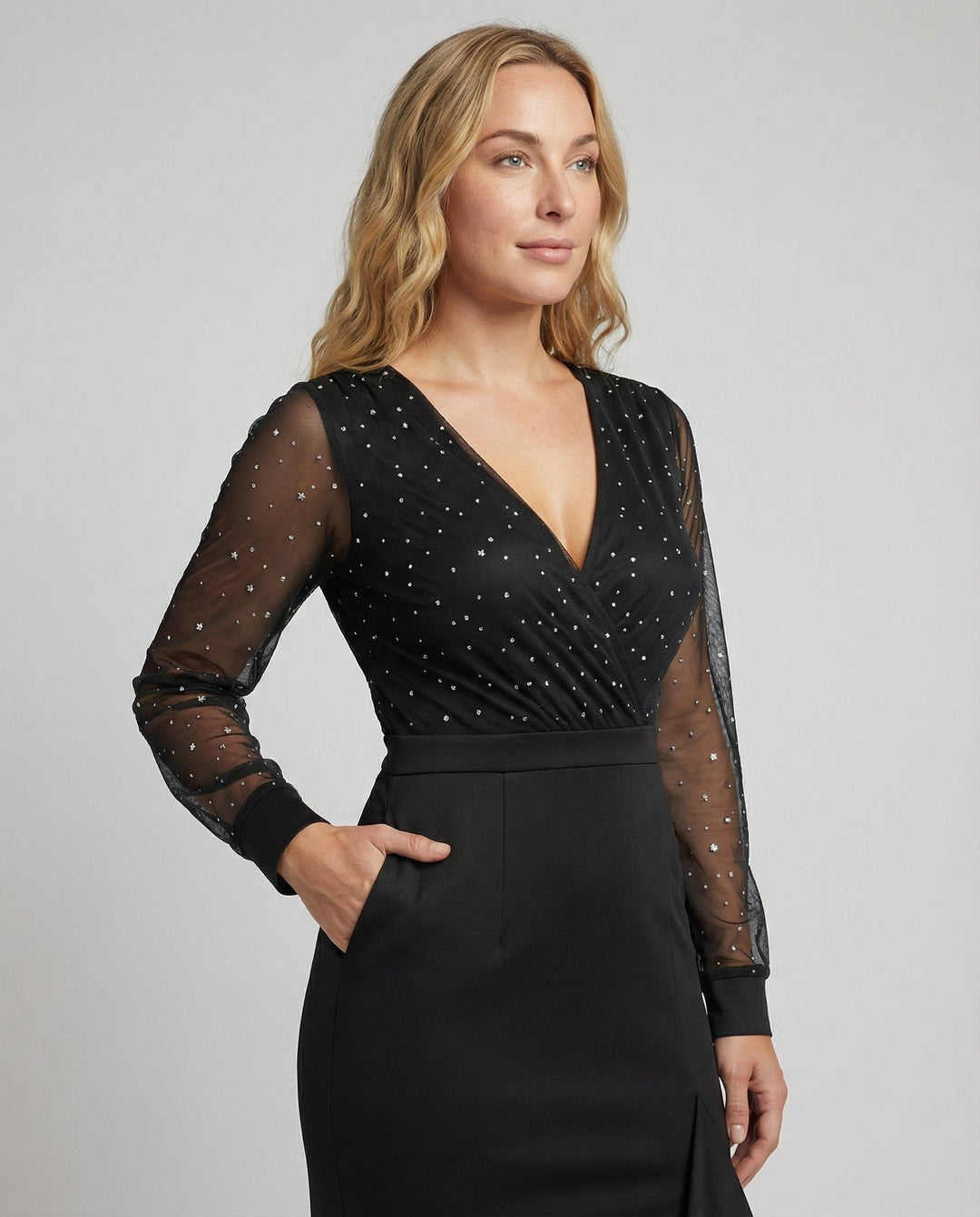 LS | Women Black Mesh Sleeve Evening Dress Lion Style