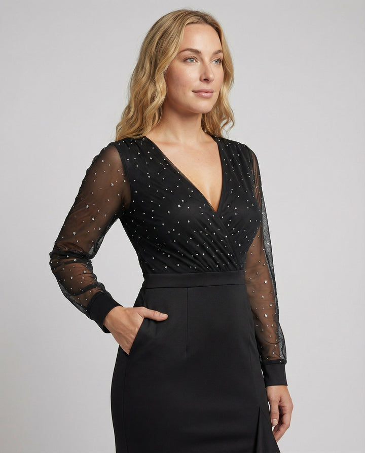 LS | Women Black Mesh Sleeve Evening Dress Lion Style