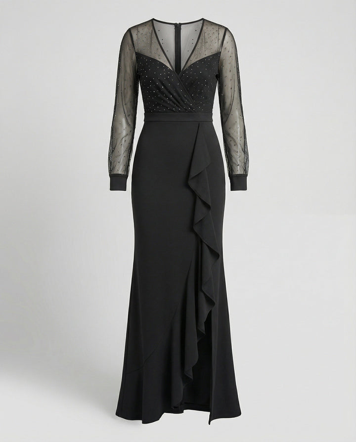 LS | Women Black Mesh Sleeve Evening Dress Lion Style