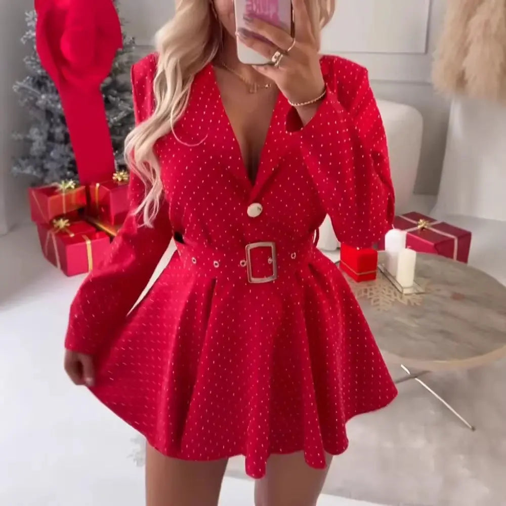 LS | Women Chic Belt Waist Mini Dress Lion Style
