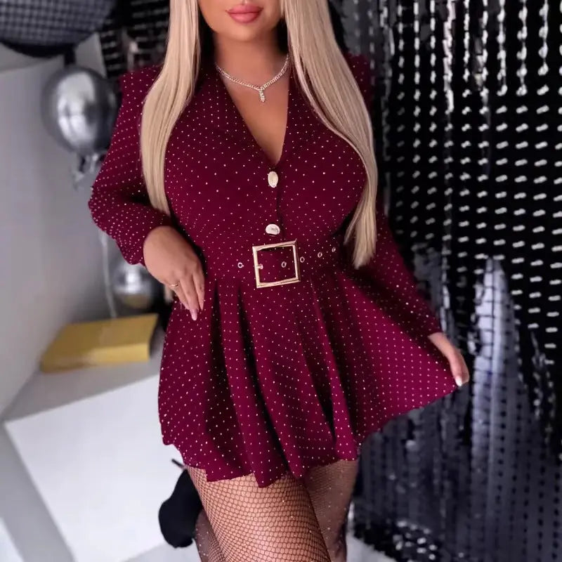 LS | Women Chic Belt Waist Mini Dress Lion Style