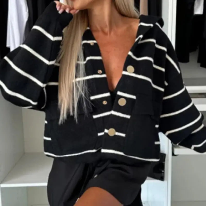 LS | Women Chic Stripe Knit Cardigan Lion Style