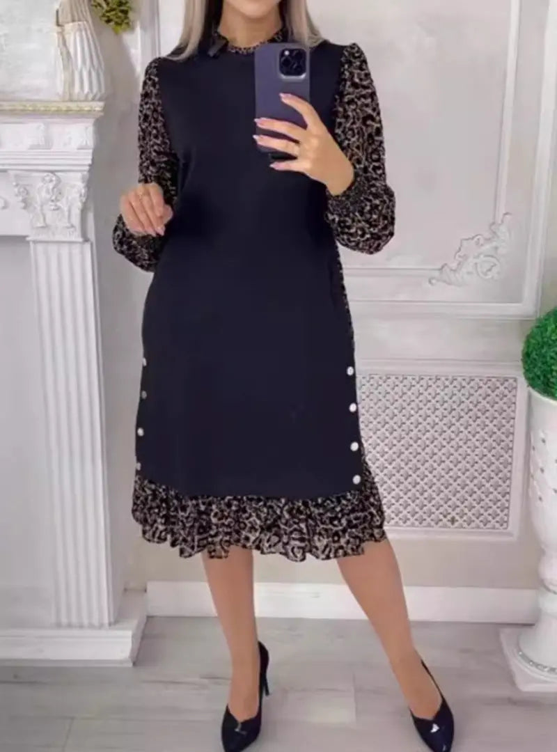 LS | Women Contrast Leopard Midi Dress Lion Style