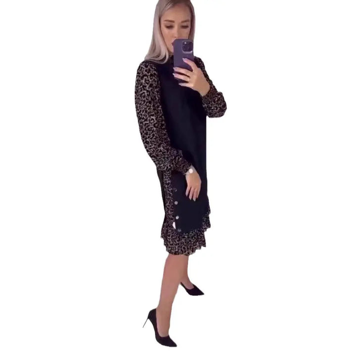 LS | Women Contrast Leopard Midi Dress Lion Style