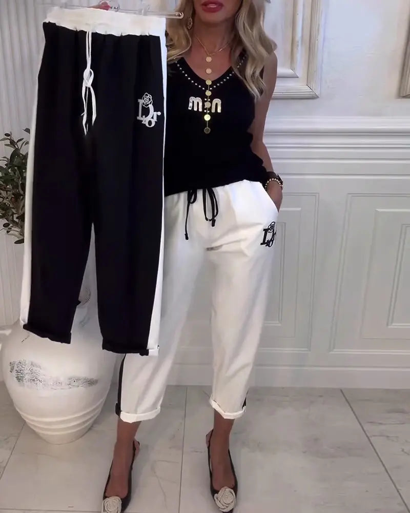 LS | Women Contrast Panel Casual Pants Lion Style