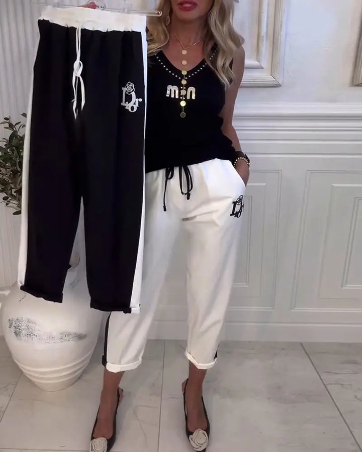 LS | Women Contrast Panel Casual Pants Lion Style