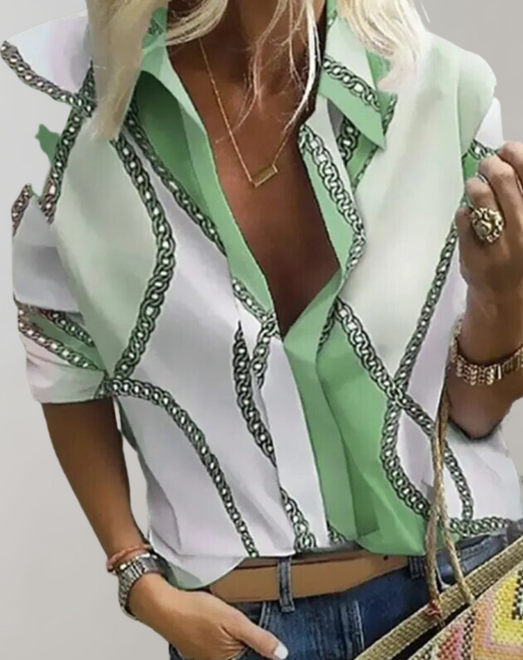 LS | Women Contrast Panel Chain Blouse Lion Style
