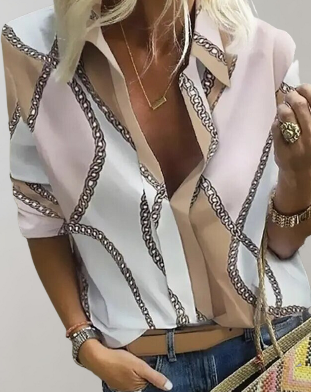LS | Women Contrast Panel Chain Blouse Lion Style