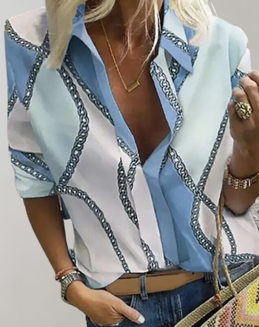 LS | Women Contrast Panel Chain Blouse Lion Style