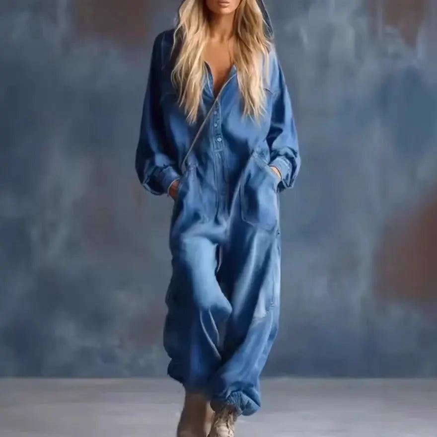 LS | Women Denim Hooded Jumpsuit Lion Style