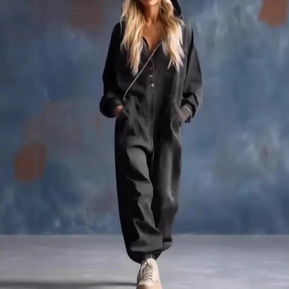 LS | Women Denim Hooded Jumpsuit Lion Style