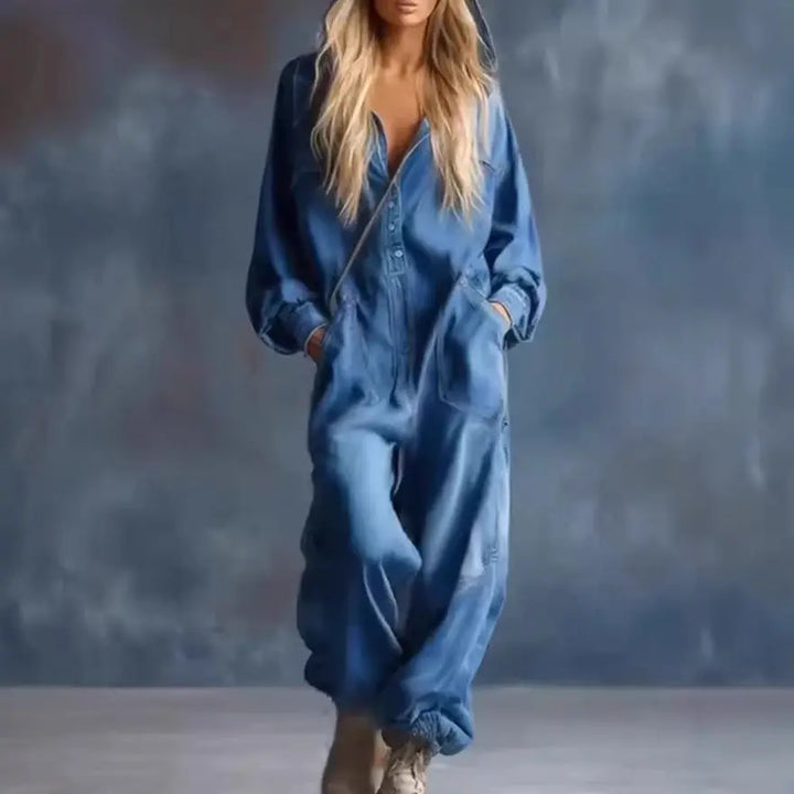 LS | Women Denim Hooded Jumpsuit Lion Style