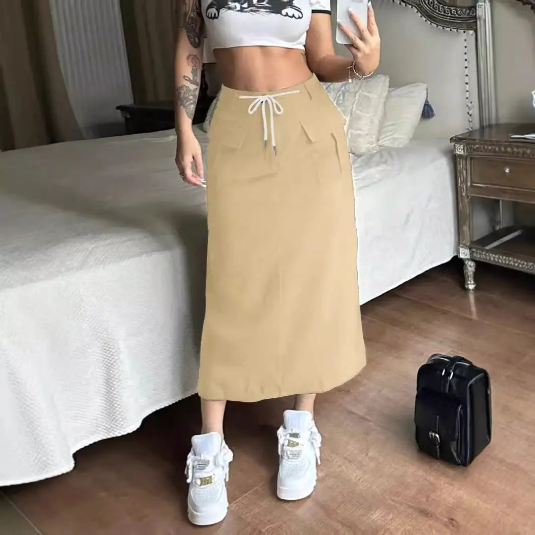 LS | Women Drawstring Waist Midi Skirt Lion Style