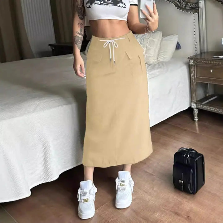LS | Women Drawstring Waist Midi Skirt Lion Style