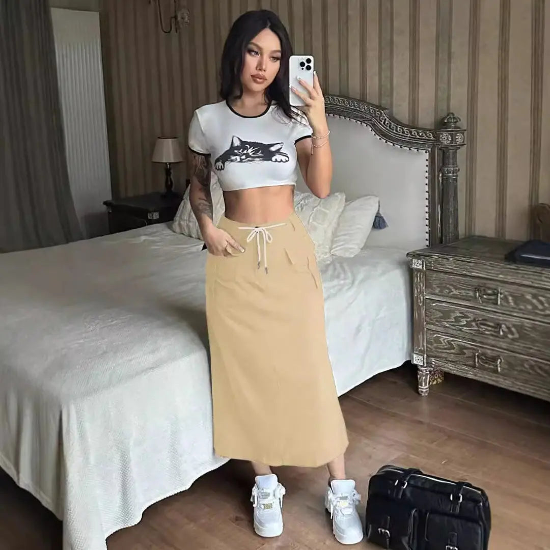 LS | Women Drawstring Waist Midi Skirt Lion Style