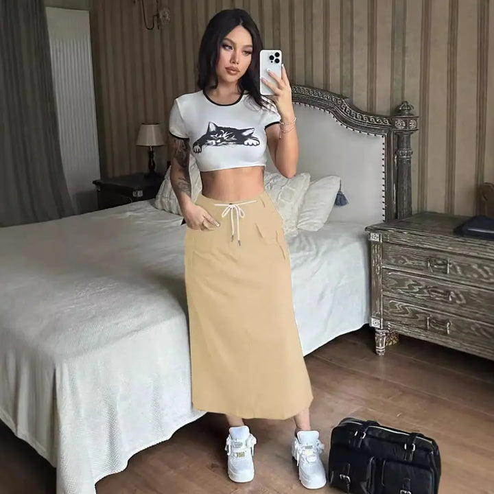 LS | Women Drawstring Waist Midi Skirt Lion Style