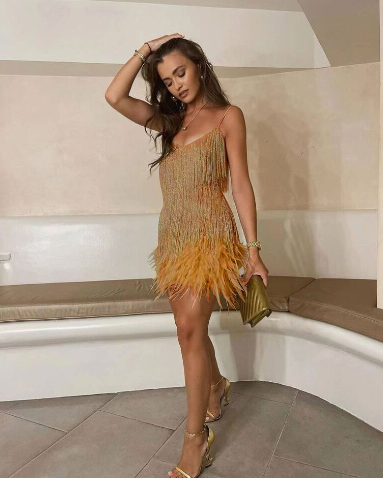 LS | Women Feather Trim Dress Lion Style