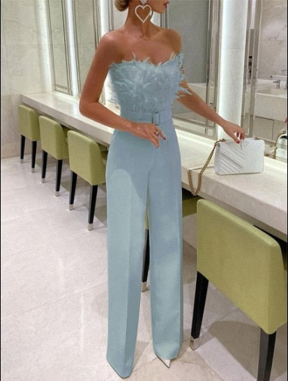 LS | Women Glam Strapless Feather Jumpsuit Lion Style