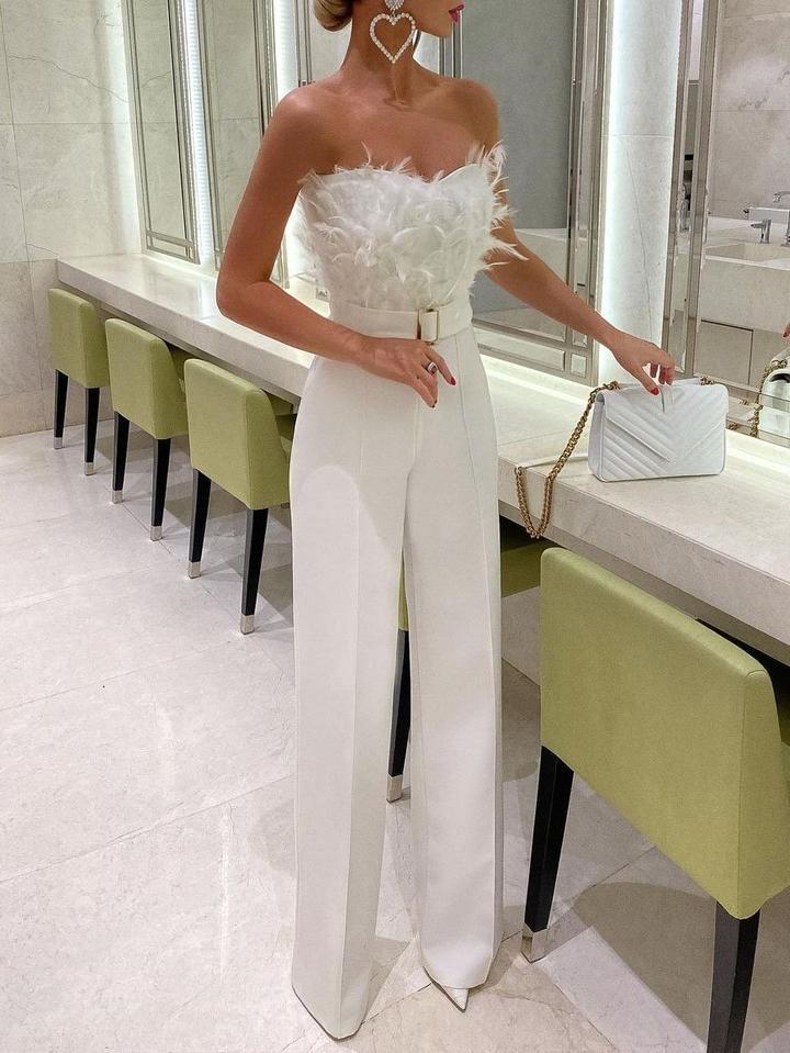 LS | Women Glam Strapless Feather Jumpsuit Lion Style