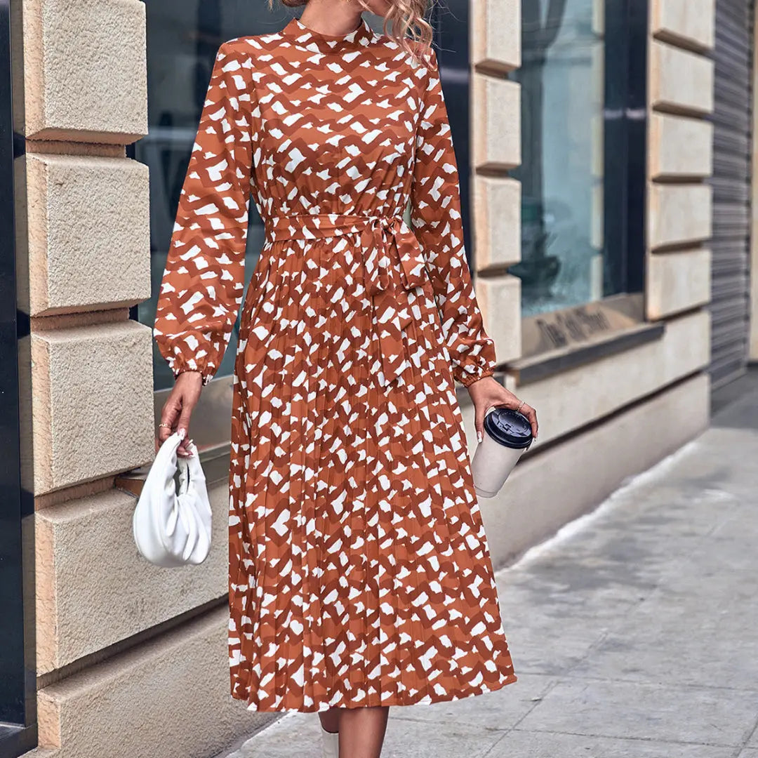 LS | Women High Neck Abstract Midi Dress Lion Style