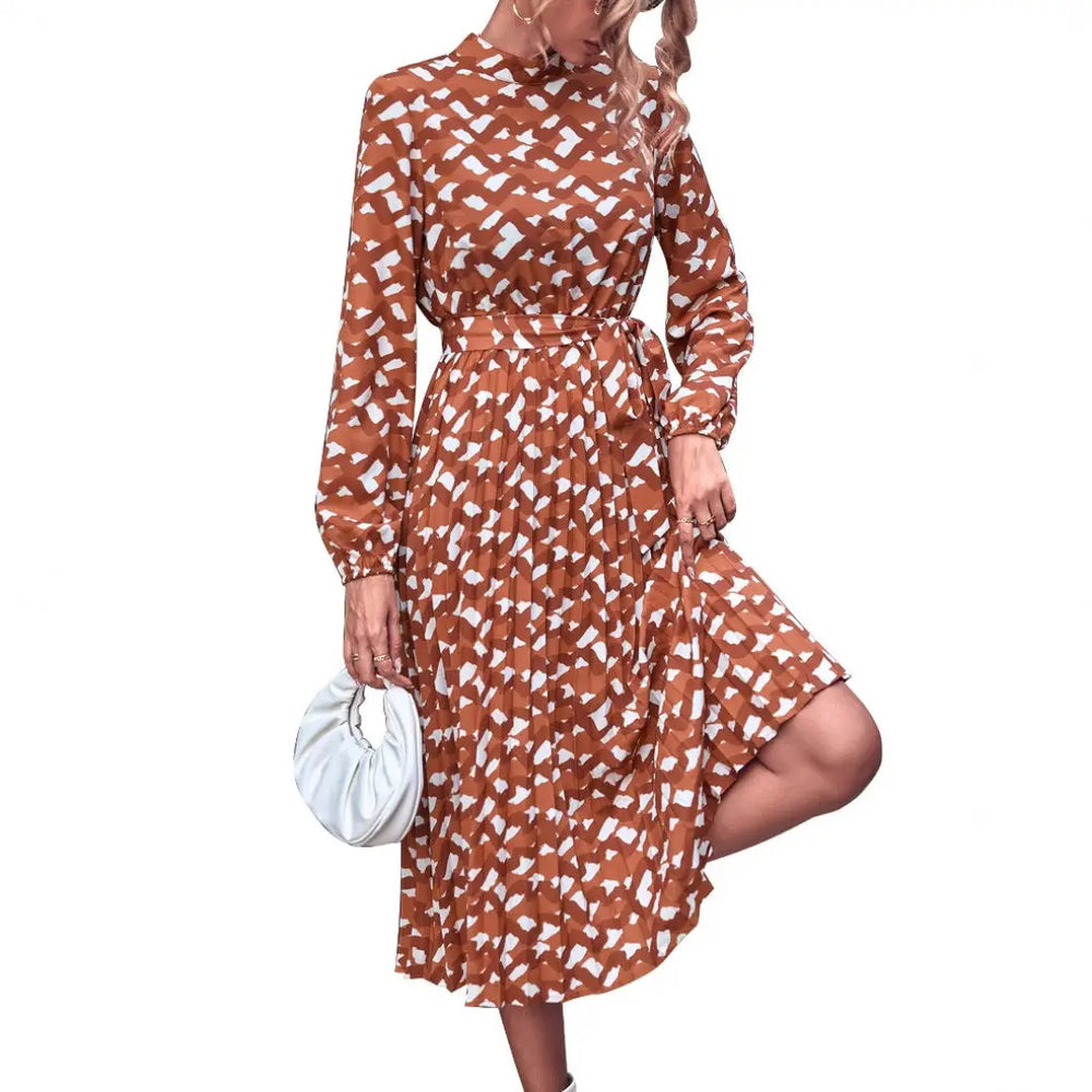 LS | Women High Neck Abstract Midi Dress Lion Style