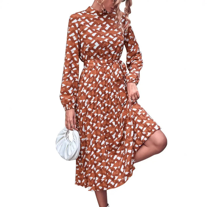 LS | Women High Neck Abstract Midi Dress Lion Style