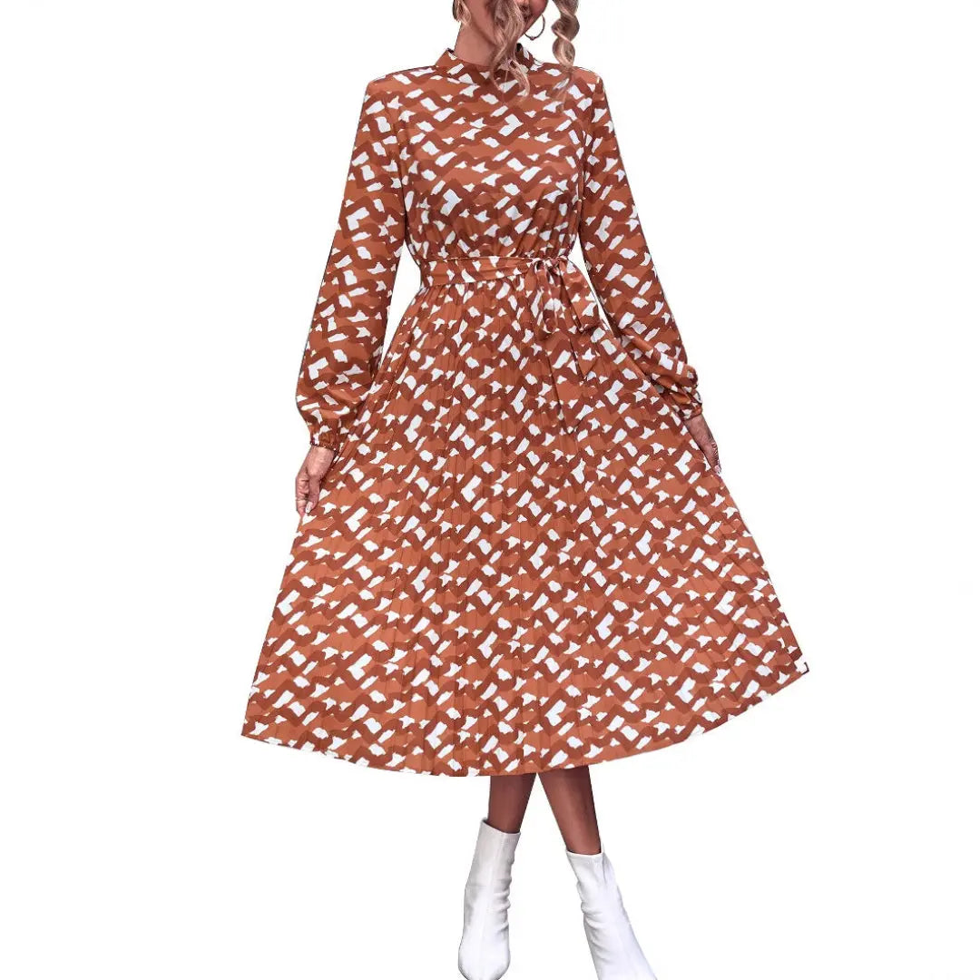 LS | Women High Neck Abstract Midi Dress Lion Style