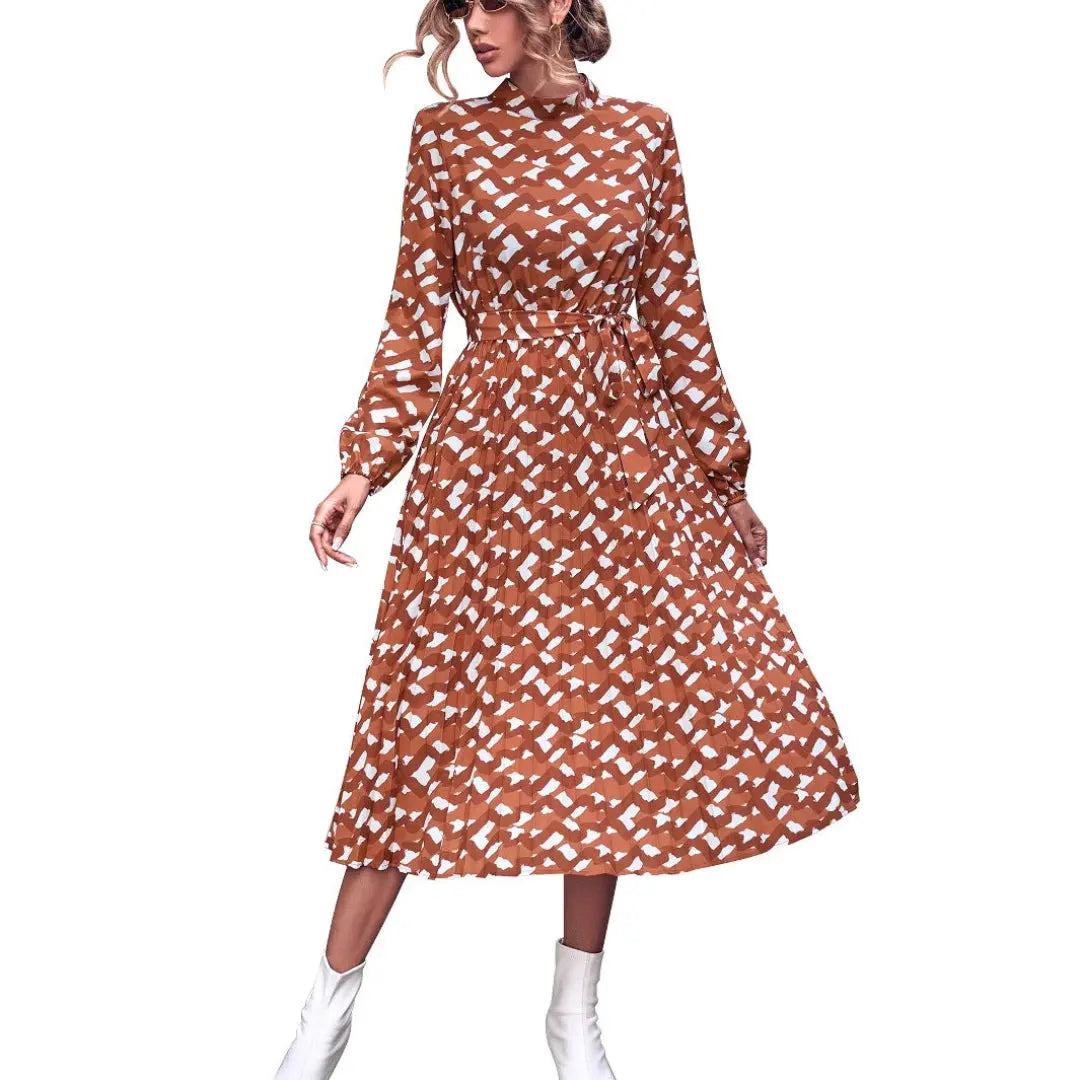 LS | Women High Neck Abstract Midi Dress Lion Style