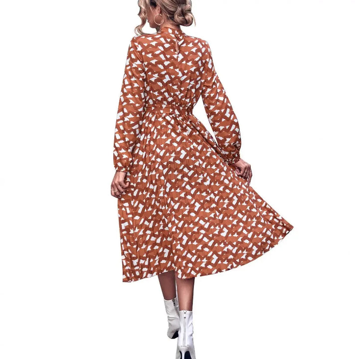 LS | Women High Neck Abstract Midi Dress Lion Style