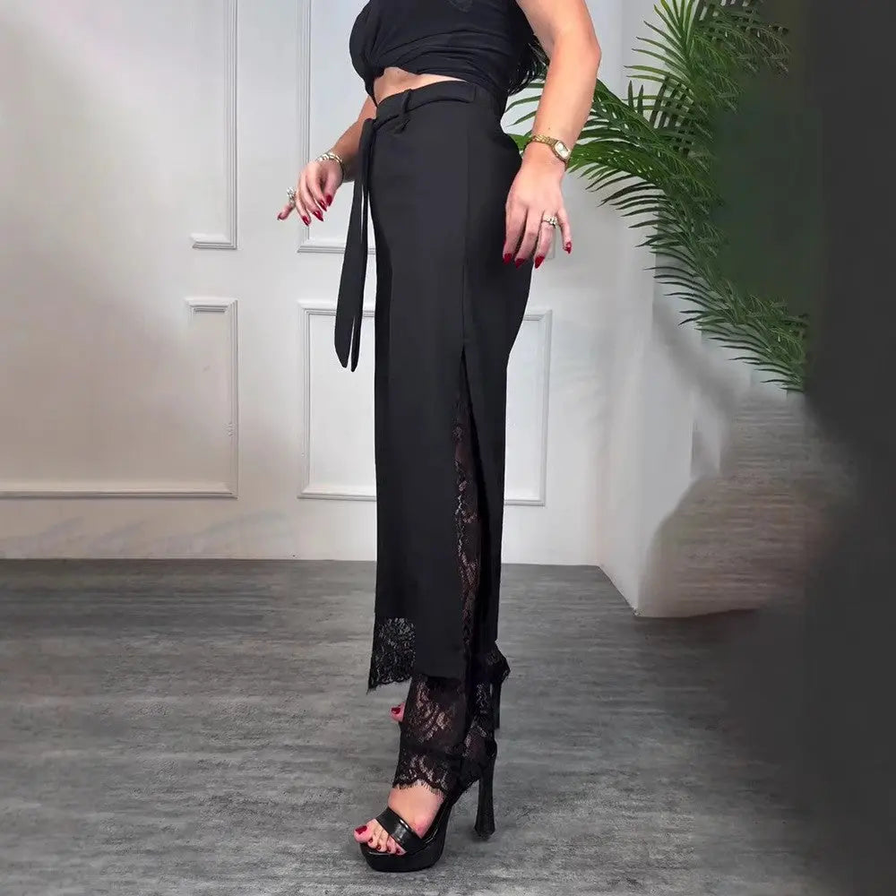 LS | Women High Waist Lace Slit Pants Lion Style