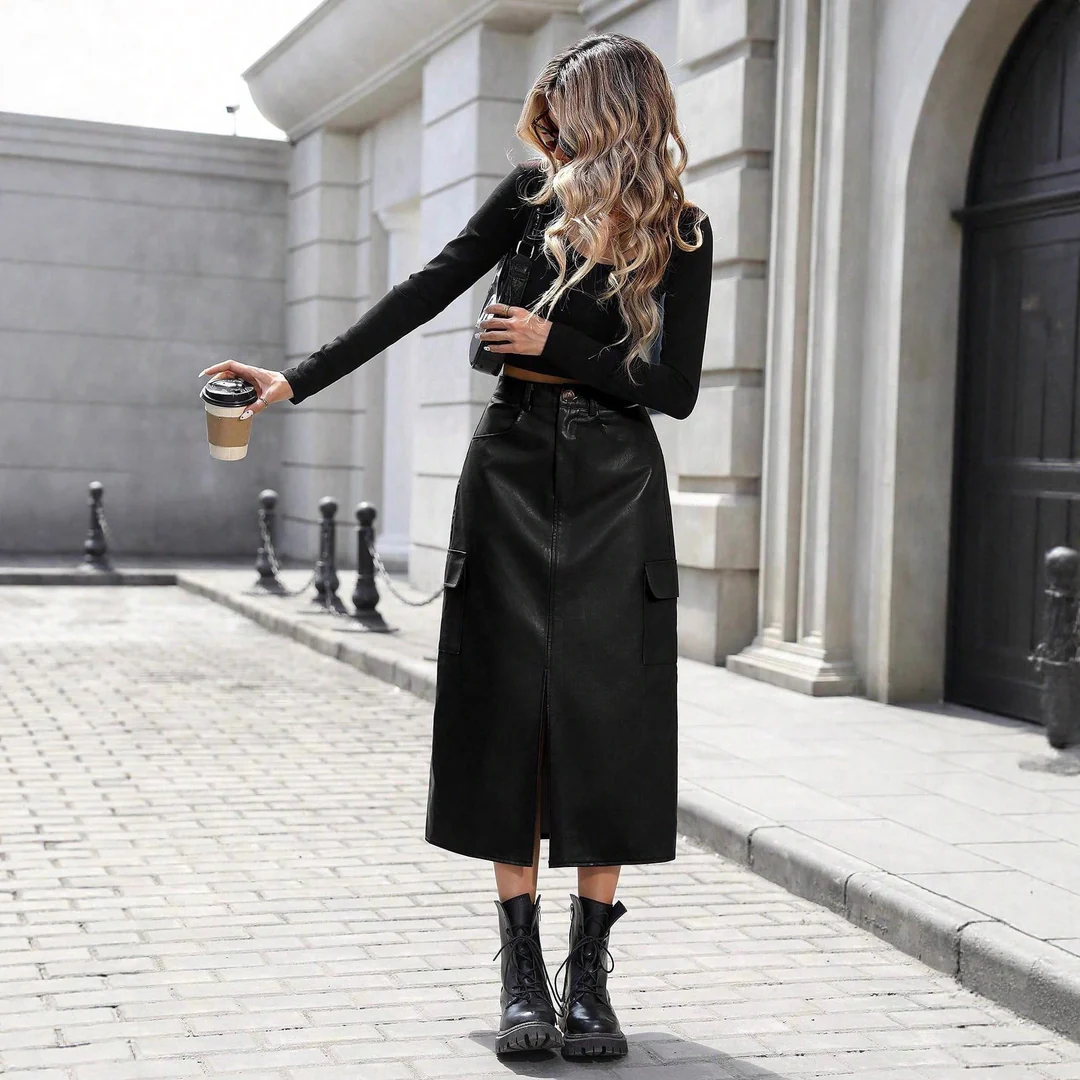 LS | Women High Waist Leather Midi Skirt Lion Style