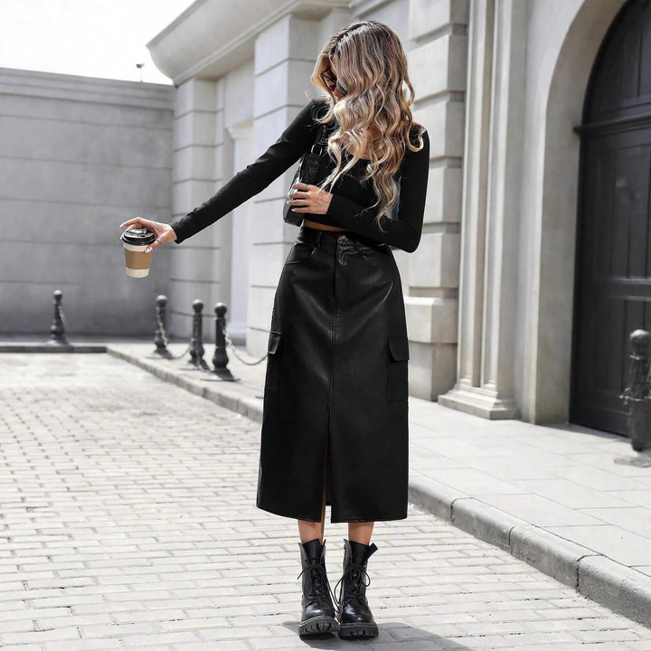 LS | Women High Waist Leather Midi Skirt Lion Style