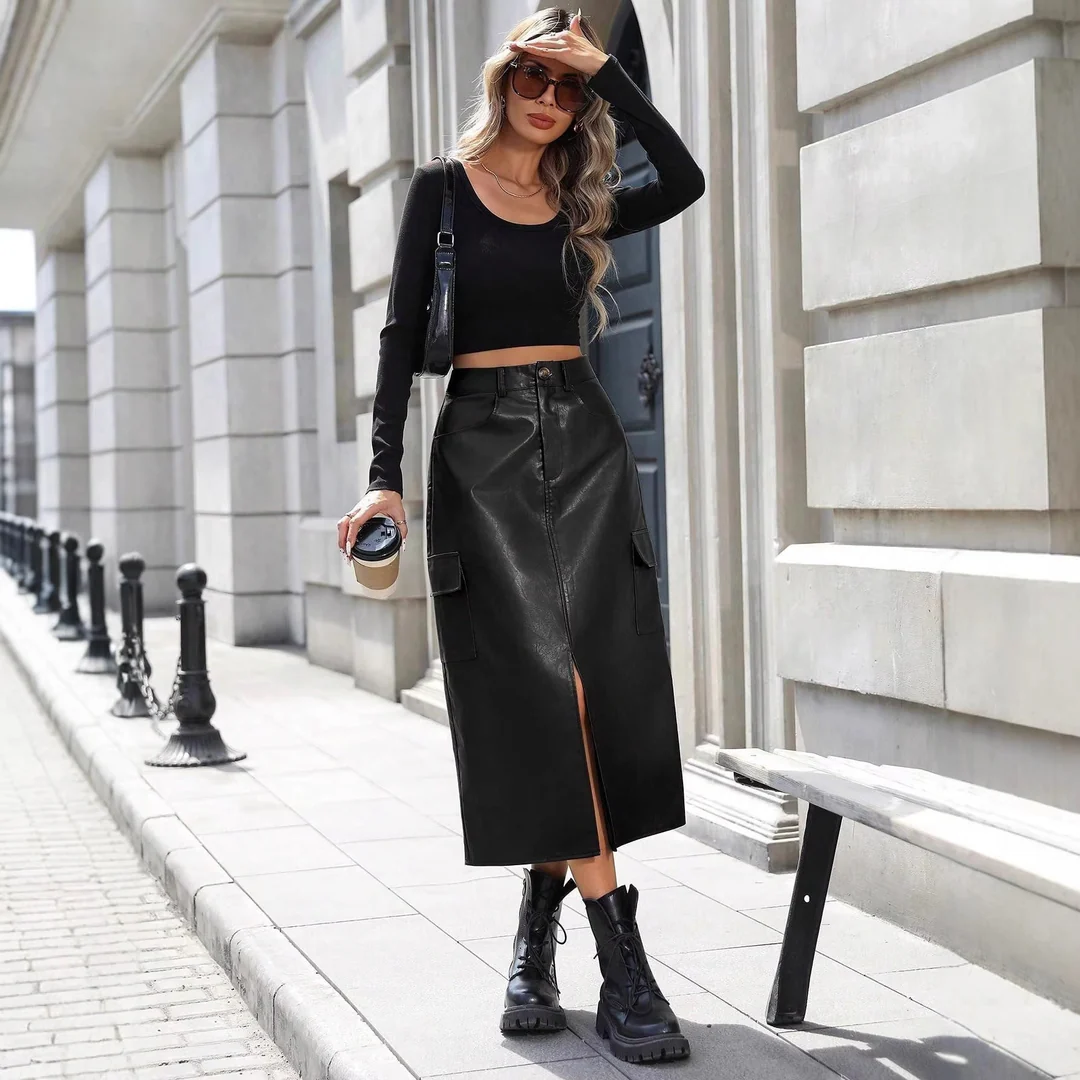 LS | Women High Waist Leather Midi Skirt Lion Style