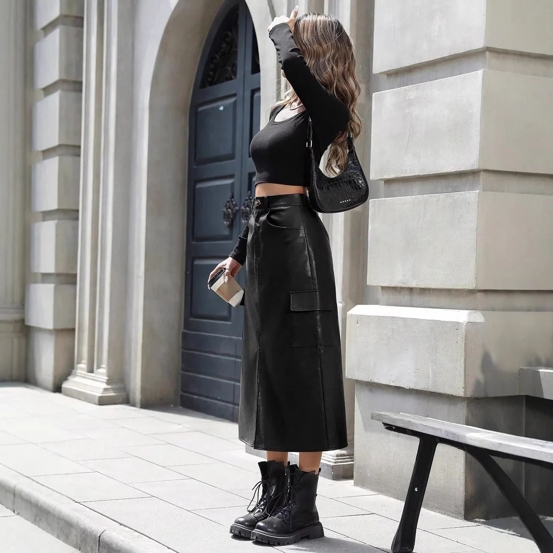 LS | Women High Waist Leather Midi Skirt Lion Style
