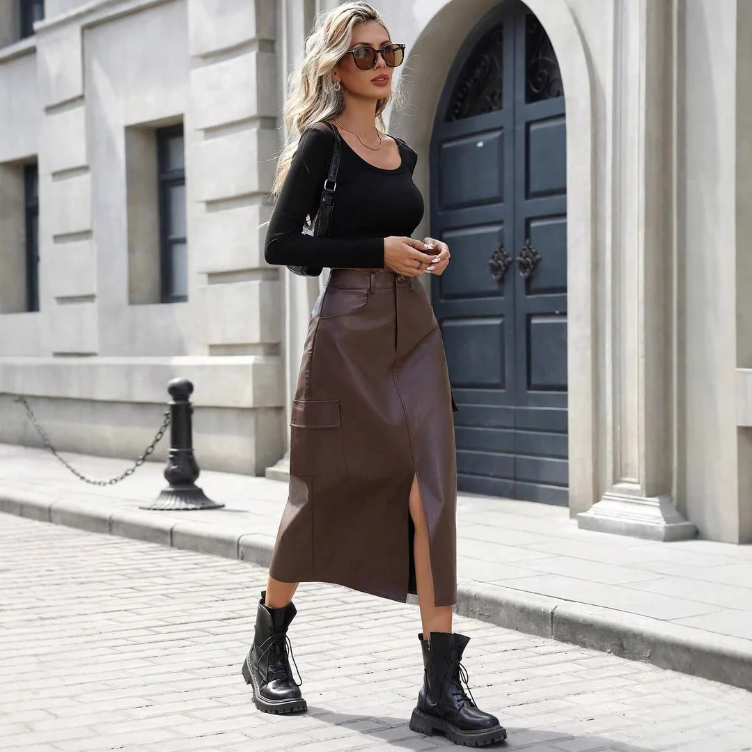LS | Women High Waist Leather Midi Skirt Lion Style