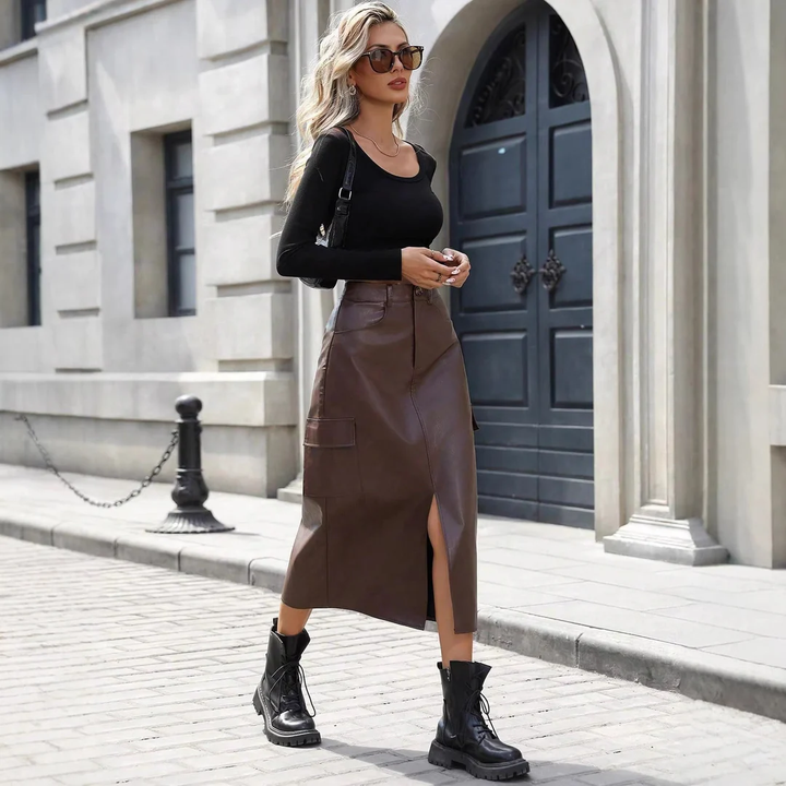 LS | Women High Waist Leather Midi Skirt Lion Style